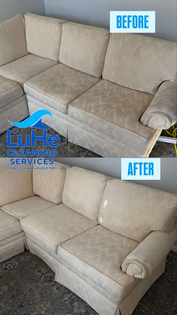 Before and after cleaning of a beige sectional sofa by LuHe Carpet Cleaning